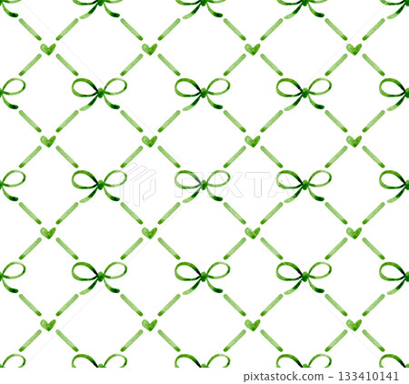 Seamless watercolor pattern with diamonds and cute green bows. Seamless watercolor pattern with diamonds and cute green bows. 133410141