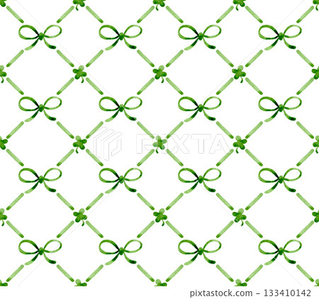 Seamless watercolor diamond pattern with cute green bows and clovers. St. Patrick's Day decoration. Seamless watercolor diamond pattern with cute green bows and clovers. St. Patrick's Day decoration. 133410142