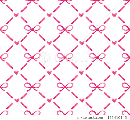 Seamless watercolor pattern with diamonds and cute pink bows. 133410143