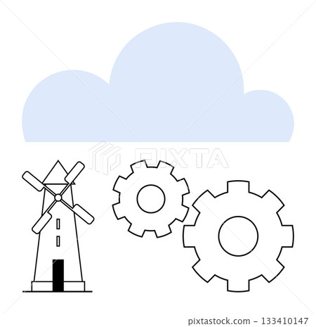 Windmill under a cloud with two interconnected gears. Ideal for renewable energy, engineering, environmental health, technology, innovation, sustainability, and green energy. Line metaphor 133410147