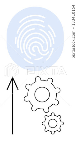 Fingerprint pattern with two interlocking cogs and an upward arrow. Ideal for security, technology, innovation, progress, privacy, digital transformation, and mechanical processes. Line metaphor Fingerprint pattern with two interlocking cogs and an upward arrow. Ideal for security, technology, innovation, progress, privacy, digital transformation, and mechanical processes. Line metaphor 133410154