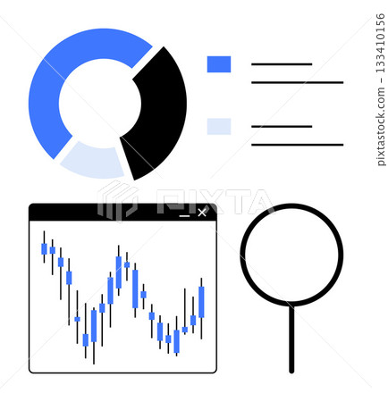 Pie chart, bar graph, and line graph in a business analysis setup, with a magnifying glass for data inspection. Ideal for data analysis, business reporting, financial forecast, market research Pie chart, bar graph, and line graph in a business analysis setup, with a magnifying glass for data inspection. Ideal for data analysis, business reporting, financial forecast, market research 133410156
