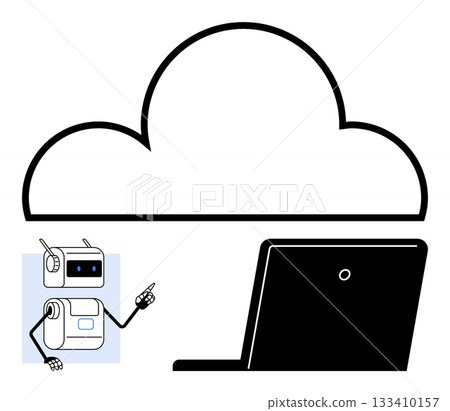 Cloud icon above a laptop and AI robot pointing, symbolizing cloud technology, AI, and digitalization. Ideal for tech industry, innovation, data storage, AI integration, automation, digital Cloud icon above a laptop and AI robot pointing, symbolizing cloud technology, AI, and digitalization. Ideal for tech industry, innovation, data storage, AI integration, automation, digital 133410157