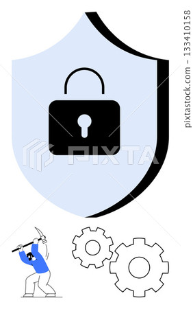 Locked shield, person attacking gears with pickaxe, signifying cybersecurity and hacking prevention. Ideal for technology, cybersecurity, hacking threats, network protection, data security, system Locked shield, person attacking gears with pickaxe, signifying cybersecurity and hacking prevention. Ideal for technology, cybersecurity, hacking threats, network protection, data security, system 133410158