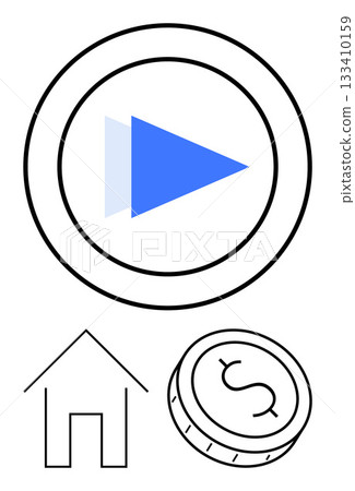 Blue triangle play button inside circular boundary, outlined house, and dollar coin icon. Ideal for financial planning, investment strategy, real estate management, digital interfaces, business Blue triangle play button inside circular boundary, outlined house, and dollar coin icon. Ideal for financial planning, investment strategy, real estate management, digital interfaces, business 133410159