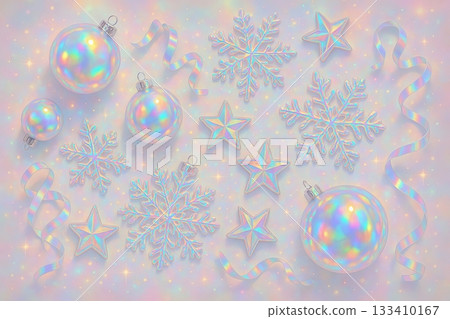 Iridescent holiday ornaments including stars and snowflakes with festive ribbons on pastel background. concept of christmas decor, seasonal celebration, festive atmosphere 133410167