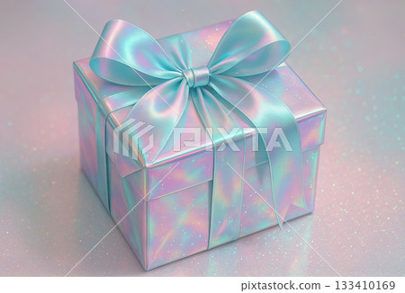 Iridescent gift box with elegant ribbon on soft pastel background for holiday celebration. concept of gift giving, luxury present, festive occasion. 133410169