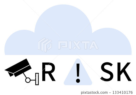 Cloud with security camera and exclamation mark in a triangle replacing the I in RISK. Ideal for data security, cloud computing, cyber surveillance, risk management, privacy concerns, technology Cloud with security camera and exclamation mark in a triangle replacing the I in RISK. Ideal for data security, cloud computing, cyber surveillance, risk management, privacy concerns, technology 133410176