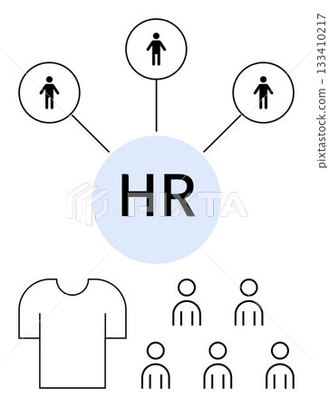 HR central node with lines connecting to employee icons shirt symbol, team figures. Ideal for human resources, management, staffing, recruitment, workplace, organizational structure, teamwork. Line HR central node with lines connecting to employee icons shirt symbol, team figures. Ideal for human resources, management, staffing, recruitment, workplace, organizational structure, teamwork. Line 133410217