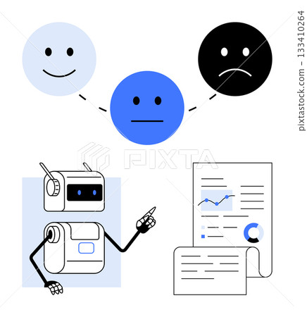 Robot analyzing feedback with diverse emotions and a report. Ideal for customer satisfaction, AI, tech trends, data analysis, automation, UX design, market research. Line metaphor 133410264