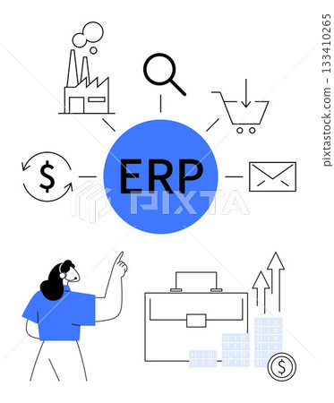 Female figure pointing at ERP surrounded by icons of factory, magnifying glass, shopping cart, email, money, suitcase, and bar chart. Ideal for business management, software solutions manufacturing Female figure pointing at ERP surrounded by icons of factory, magnifying glass, shopping cart, email, money, suitcase, and bar chart. Ideal for business management, software solutions manufacturing 133410265
