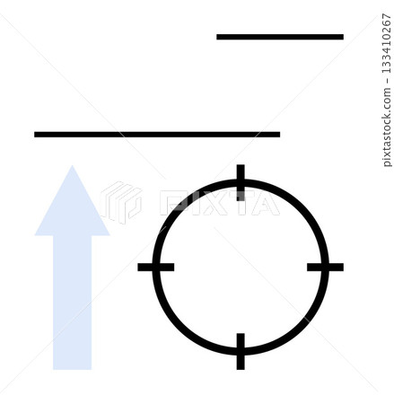 Light blue arrow pointing upward towards black target ring with four divisions and two horizontal bars above. Ideal for navigation, goals, progress, direction, strategy, planning, achievement. Line Light blue arrow pointing upward towards black target ring with four divisions and two horizontal bars above. Ideal for navigation, goals, progress, direction, strategy, planning, achievement. Line 133410267