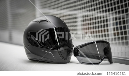 Advanced motorcycle helmet with attached visor for enhanced safety and style in urban environments. concept of protection, modern accessories, motorcycling gear 133410281