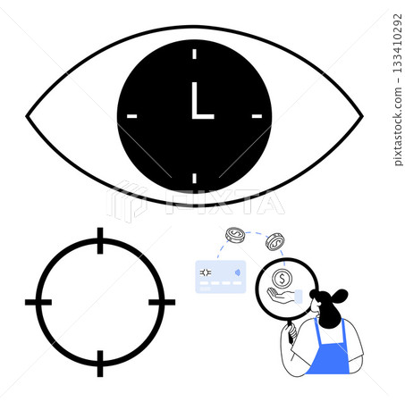 Eye with clock, target symbol, and woman interacting with money and card. Ideal for financial vision, goal setting, time management, focus, business strategy personal finance investments. Line Eye with clock, target symbol, and woman interacting with money and card. Ideal for financial vision, goal setting, time management, focus, business strategy personal finance investments. Line 133410292