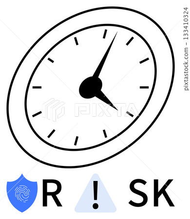 Black clock with arrows, a blue shield with fingerprint, exclamation triangle, and letters R and SK. Ideal for risk assessment, security, time management, project planning, deadline awareness 133410324