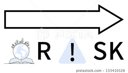 Large forward arrow pointing right, Earth on open book with a crown, letters R and SK, exclamation mark inside triangle. Ideal for education, success, growth, caution, progress global affairs Large forward arrow pointing right, Earth on open book with a crown, letters R and SK, exclamation mark inside triangle. Ideal for education, success, growth, caution, progress global affairs 133410326