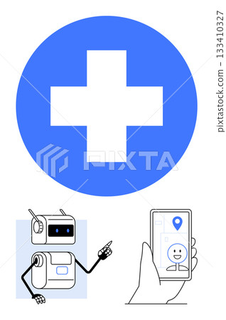 Medical cross, healthcare robot with a pen, hand holding a smartphone showing a face and location pin. Ideal for telemedicine, technology, healthcare innovation, digital health, AI, mobile apps 133410327