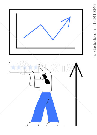 Business person holds five-star rating under a rising graph and upward arrow. Ideal for business growth, customer feedback, success, performance improvement, positive reviews, rankings, achievements Business person holds five-star rating under a rising graph and upward arrow. Ideal for business growth, customer feedback, success, performance improvement, positive reviews, rankings, achievements 133410346