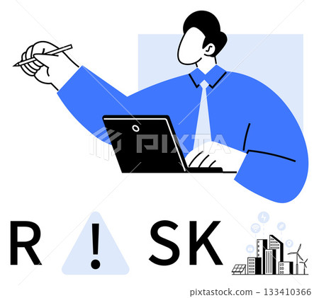 Businessman working on laptop and holding pencil. Word RISK with warning sign and cityscape elements. Ideal for business analysis, risk management, decision making, finance, insurance, strategy Businessman working on laptop and holding pencil. Word RISK with warning sign and cityscape elements. Ideal for business analysis, risk management, decision making, finance, insurance, strategy 133410366