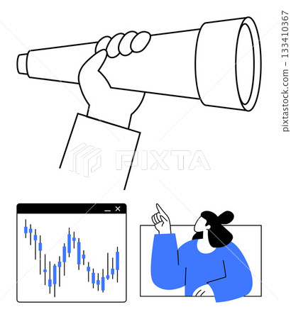 Hand holding a telescope, financial graph with fluctuating data, person in blue pointing upwards. Ideal for planning, foresight, stock market analysis, leadership, decision making, strategy Hand holding a telescope, financial graph with fluctuating data, person in blue pointing upwards. Ideal for planning, foresight, stock market analysis, leadership, decision making, strategy 133410367