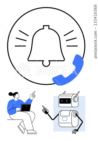 A notification bell, blue phone icon, human with laptop, and friendly robot illustrate modern tech interaction. Ideal for technology, communication, automation, alerts, user engagement A notification bell, blue phone icon, human with laptop, and friendly robot illustrate modern tech interaction. Ideal for technology, communication, automation, alerts, user engagement 133410369