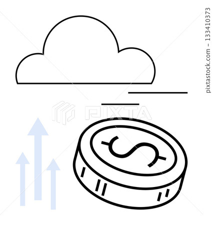 Cloud with coin featuring dollar sign, three upward arrows. Ideal for finance, cloud computing, data storage, economic growth, investment, technology progress themes. Line metaphor 133410373