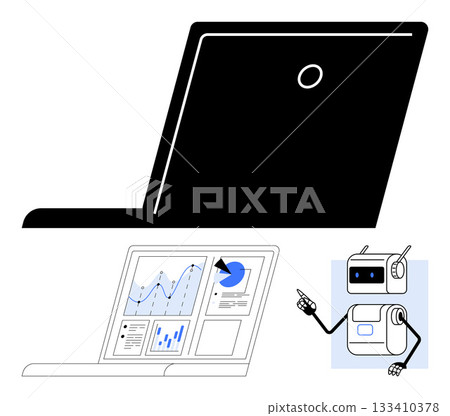 Laptop displaying interactive data visualizations including charts and graphs with a robot character pointing. Ideal for tech, education, AI, data science, presentations, remote learning, innovation Laptop displaying interactive data visualizations including charts and graphs with a robot character pointing. Ideal for tech, education, AI, data science, presentations, remote learning, innovation 133410378
