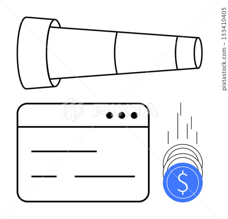 Telescope and web, v08 browser with lines falling into blue coins with dollar symbols. Ideal for online business, financial investment, digital marketing, future planning, economic forecasting, web 133410405