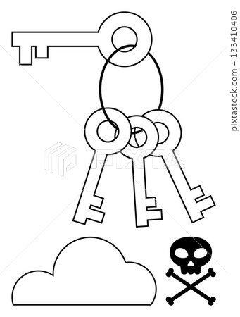 Four keys on a ring, one separate cloud, and a skull and crossbones. Ideal for security, danger, mystery, access control, data protection cybersecurity and piracy themes. Line metaphor Four keys on a ring, one separate cloud, and a skull and crossbones. Ideal for security, danger, mystery, access control, data protection cybersecurity and piracy themes. Line metaphor 133410406