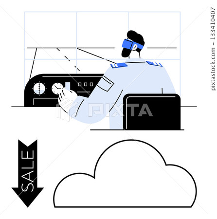 Pilot in uniform operating an aircraft cockpit, facing forward. Below, a downward arrow labeled SALE points to a cloud symbol. Ideal for aviation, travel, discounts, promotions, pilots airlines Pilot in uniform operating an aircraft cockpit, facing forward. Below, a downward arrow labeled SALE points to a cloud symbol. Ideal for aviation, travel, discounts, promotions, pilots airlines 133410407