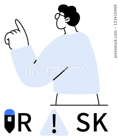 Man with glasses pointing upward. The text RISK appears with an exclamation mark inside a triangle. Ideal for business presentations, risk management, decision-making guides, leadership training 133410409