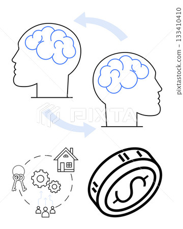 Two silhouetted heads with brain outlines connected by arrows, house with gears and keys, coin symbol. Ideal for finance, real estate, teamwork, brainstorming, knowledge transfer, investment 133410410