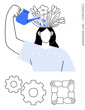 Woman waters flowers growing from her head, symbolizing self-growth gears representing multitasking hands forming a square, illustrating collaboration. Ideal for mental health, mindfulness, teamwork 133410421