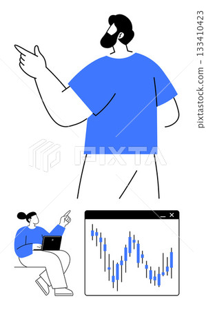 Two office workers engaged with financial data one presenting, one operating a laptop, with a large candlestick chart. Ideal for finance, business analysis, education, communication, teamwork 133410423