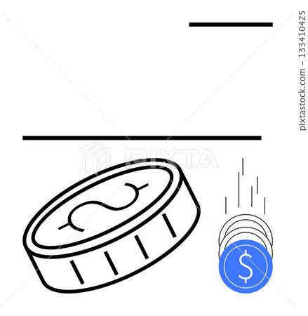 Coin with dollar sign falling through the air with lines indicating motion and speed. Ideal for finance, savings, investment, economic growth, budget planning, banking services, and wealth 133410425