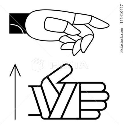 Hand with extended fingers and another hand with wrapped thumb beneath upward arrow. Ideal for medical, instruction, health, safety, emergency, education, signage themes. Line metaphor Hand with extended fingers and another hand with wrapped thumb beneath upward arrow. Ideal for medical, instruction, health, safety, emergency, education, signage themes. Line metaphor 133410427