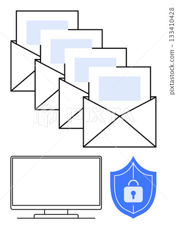 Envelopes containing letters, computer monitor, and shield with lock icon. Ideal for email security, digital communication, IT, data protection, online privacy, cybersecurity awareness secure 133410428