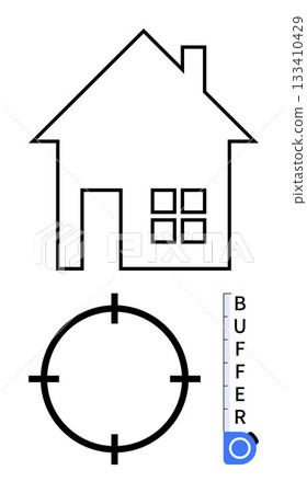 House outline, crosshair target, and buffer text on scale. Ideal for real estate, safety, target audience, planning, protection focus property development. Line metaphor House outline, crosshair target, and buffer text on scale. Ideal for real estate, safety, target audience, planning, protection focus property development. Line metaphor 133410429