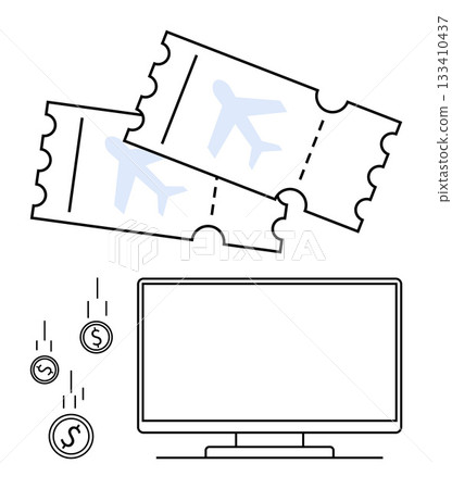Two airline tickets and a computer monitor with falling coins suggest online ticket booking and cost savings. Ideal for travel planning, e-commerce, financial management, budgeting, digital 133410437