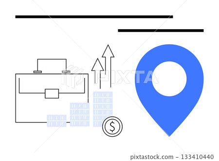 Business briefcase near financial growth arrows, coin with dollar sign, and location pin. Ideal for business strategy, financial planning, investments, marketing, logistics, startup operational 133410440