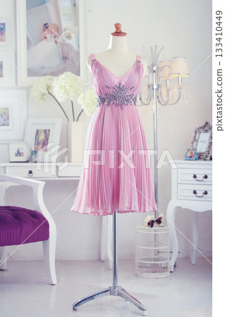 Luxurious party dress and ball gown for fashion display evokes luxury, elegance, and classic design 133410449