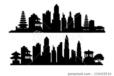 Asian City Skyline Silhouette Building and Temple collection 133410514