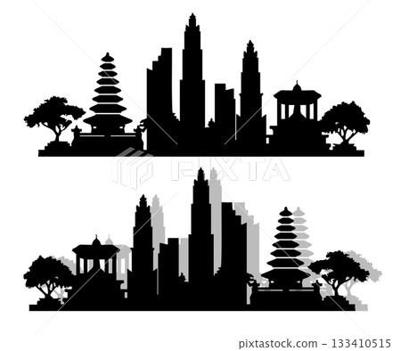 Indonesia City Skyline Silhouette Temple and Modern Building Collection. 133410515