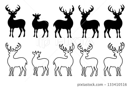 Deer Silhouette and line Set Illustration Antlers. 133410516