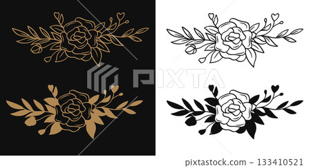 Rose and leaves floral line drawing gold and black bouquet elements collection Rose and leaves floral line drawing gold and black bouquet elements collection 133410521