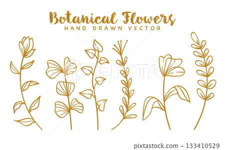 Gold line art leaves and flowers botanical decoration collection.Vector illustration 133410529
