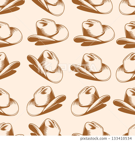 Seamless pattern cowboy hat brown isolated on beige background.Vector illustration Seamless pattern cowboy hat brown isolated on beige background.Vector illustration 133410534