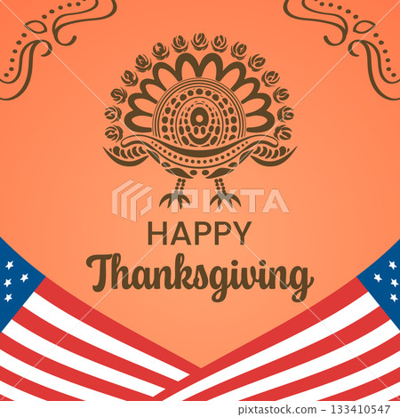 Happy Thanksgiving Ornamental Mandala Turkey and USA Flag Greeting.Vector illustration. 133410547