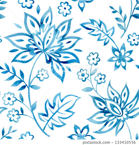 seamless print with watercolor floral ornaments. oriental blue print seamless print with watercolor floral ornaments. oriental blue print 133410556