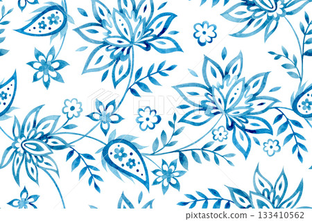 horizontal seamless pattern with watercolor floral ornaments. oriental blue print. paisley 133410562